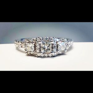 1 cttw Princess cut diamond halo 3 stone ring.